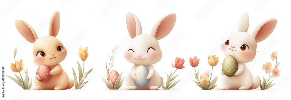 Fototapeta premium Adorable trio of bunnies holding decorated Easter eggs among blooming flowers