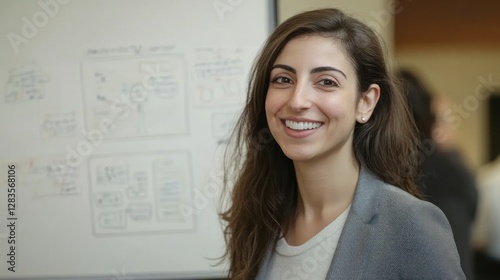 Free Download Portrait of a Smiling Woman near Whiteboard with Notes - GFXLoad