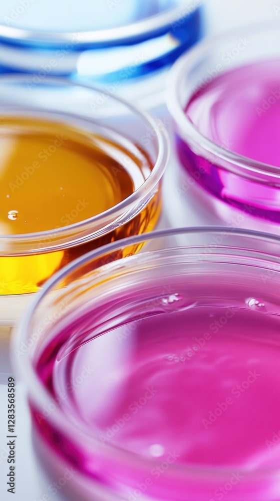 Petri dish. Petri cups with liquid. Kit. Chemical elements, oil, cosmetics. Gel, water, molecules, viruses. Close-up. On a white background. - Petri dish. Petri cups with liquid. Kit. Chemical elements, oil, cosmetics. Gel, water, molecules, viruses. Close-up. On a white background. -