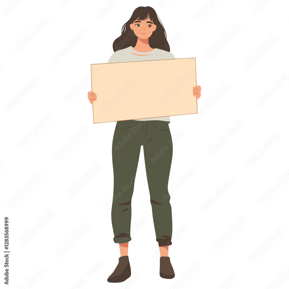 Young woman holding empty wood board illustration character female vector Young woman holding empty wood board illustration character female vector