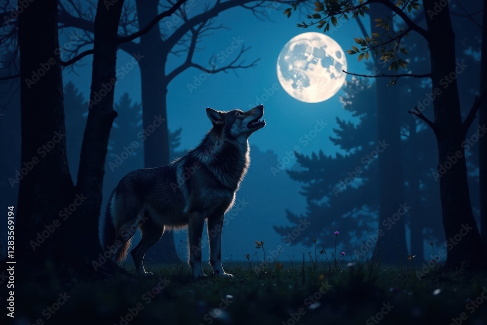 Full moon night with a howling wolf in the forest, wilderness, fullmoon, dark sky Full moon night with a howling wolf in the forest, wilderness, fullmoon, dark sky