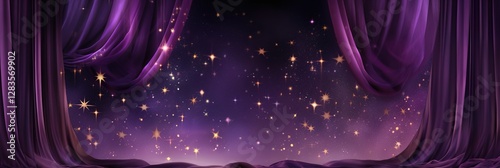 Wallpaper Mural empty dramatic scene banner background, purple curtain with small golden shiny stars and smoke on stage of theater or cinema slightly ajar Torontodigital.ca