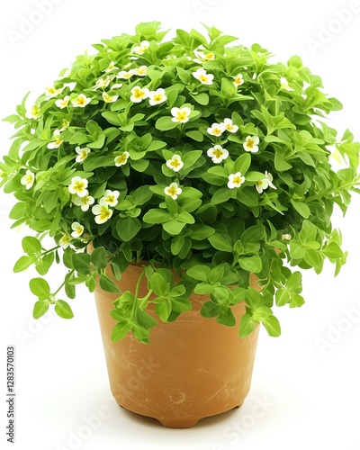 Flowers in a pot display vibrant blooms and lush foliage