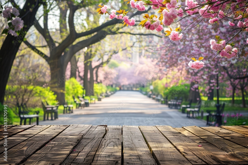 close-up template empty wooden table on blurred spring park road background with pink cherry sakura flowers for product display or montage close-up template empty wooden table on blurred spring park road background with pink cherry sakura flowers for product display or montage