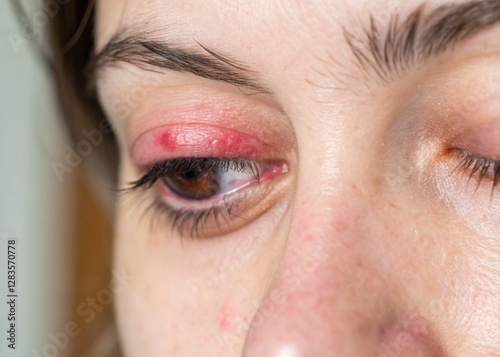 Close-up eye, red irritated eyelid, bloodshot sclera, swollen upper eyelid, stye infection, medical condition, detailed skin texture, macro photography, soft lighting, 8K resolution, hyper-realistic