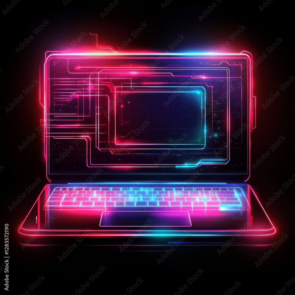 Cyberpunk Laptop: A sleek, modern laptop with a vibrant, futuristic aesthetic, rendered in neon pink and blue hues. Cyberpunk Laptop: A sleek, modern laptop with a vibrant, futuristic aesthetic, rendered in neon pink and blue hues.