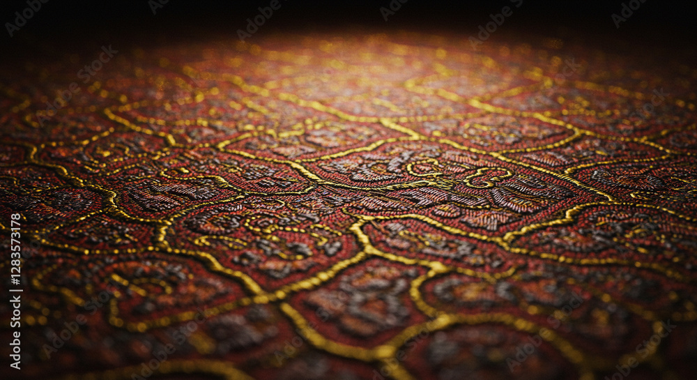 Naklejka premium A close-up of a richly embroidered textile featuring intricate golden patterns on a deep red fabric.