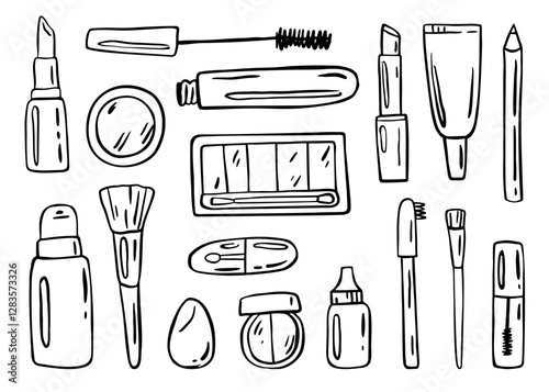 Hand-drawn set of cosmetics. Simple line illustrations of beauty products. Vector doodle design elements on white background