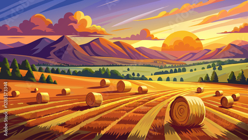 Field of freshly bales of hay with beautiful sunset