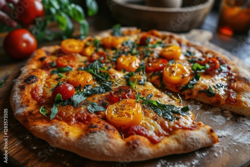 Cheesy Pizza on a background with copy space. Pizza. Cheesy Pizza with Melted Mozzarella and a Crispy Crust, Flavorful and Gooey Pizza Isolated on Background with Copy Space. Pizza Four Cheese.