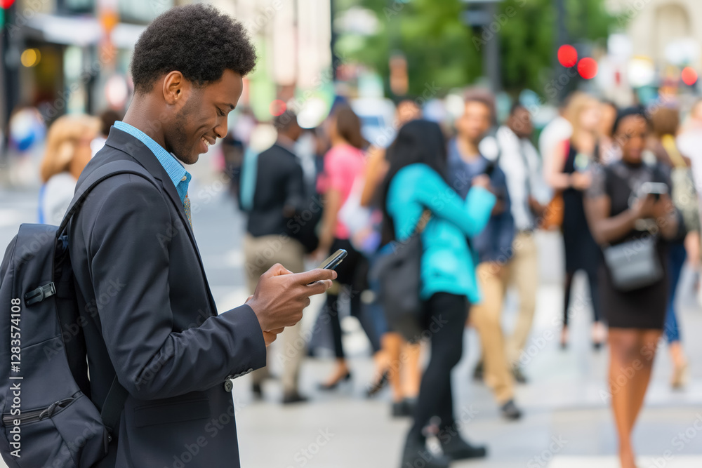 Naklejka premium Young man using smartphone on busy city street