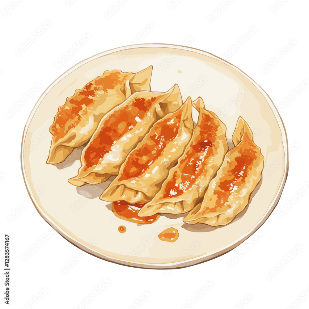 Fototapeta premium Fried Gyoza on plate illustration watercolor dumplings vector