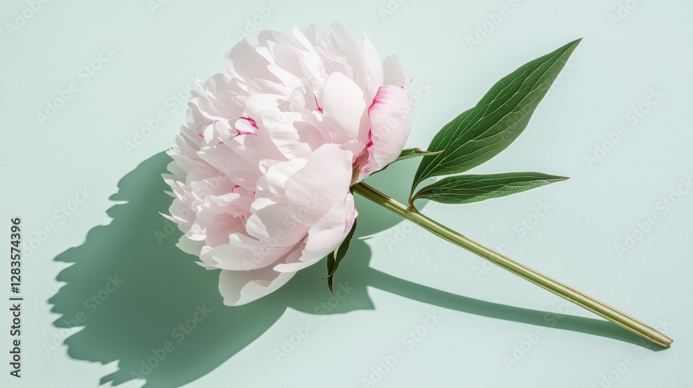 Fototapeta premium Soft pastel pink peony flower with lush petals and green leaves on a mint background, casting a natural shadow, ideal for beauty, weddings, nature, and floral art