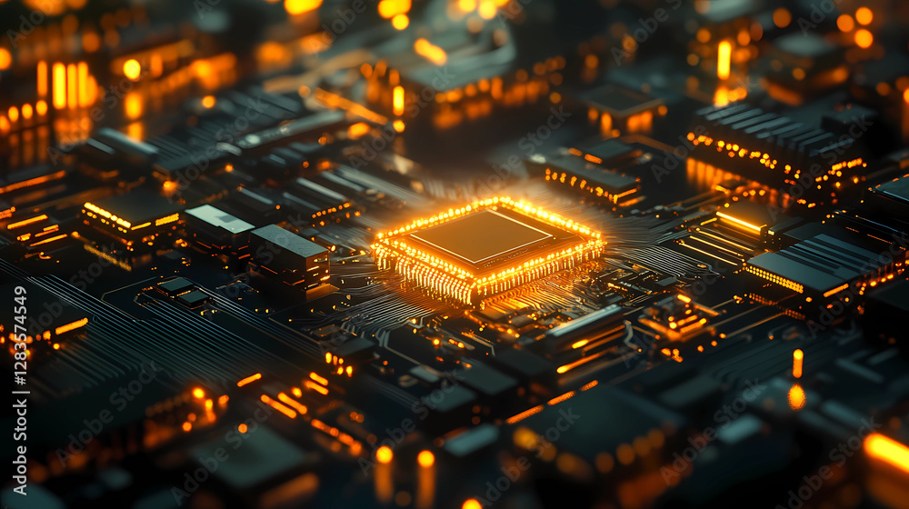 The Future of Technology: A Glowing Microchip on a High-Tech Circuit Board The Future of Technology: A Glowing Microchip on a High-Tech Circuit Board