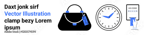 Stylish handbag with blue tags, classic wall clock, and electronic code scanner. Ideal for shopping, fashion, retail, e-commerce, pricing, scheduling and minimal flat landing page banner