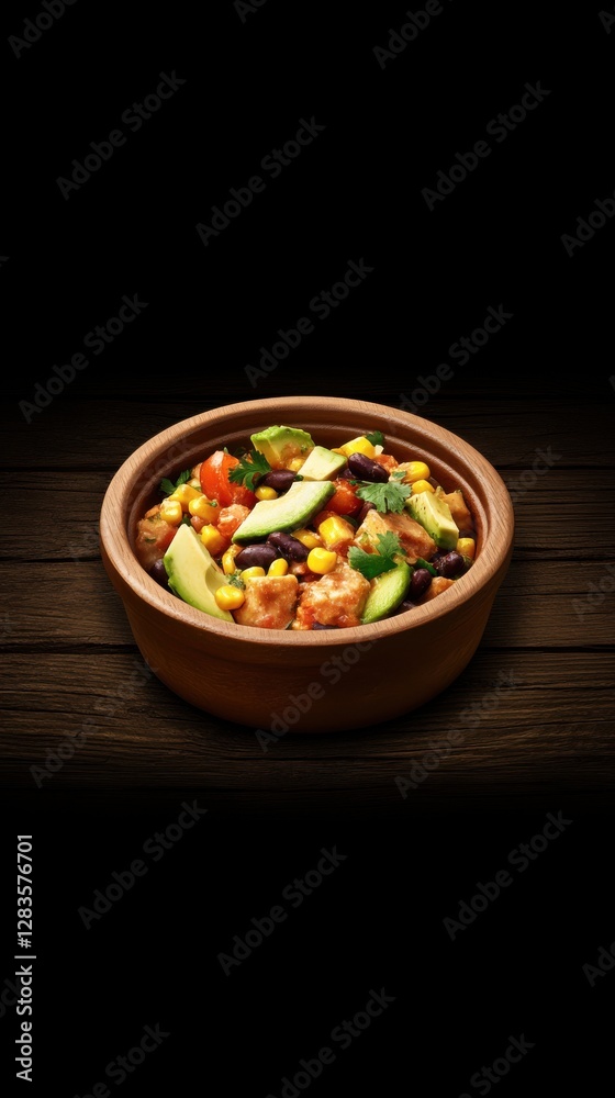 A Southwest-style bean salad with black beans, avocado, corn, and cherry tomatoes, drizzled with lime dressing, served in a deep bowl. A Southwest-style bean salad with black beans, avocado, corn, and cherry tomatoes, drizzled with lime dressing, served in a deep bowl.