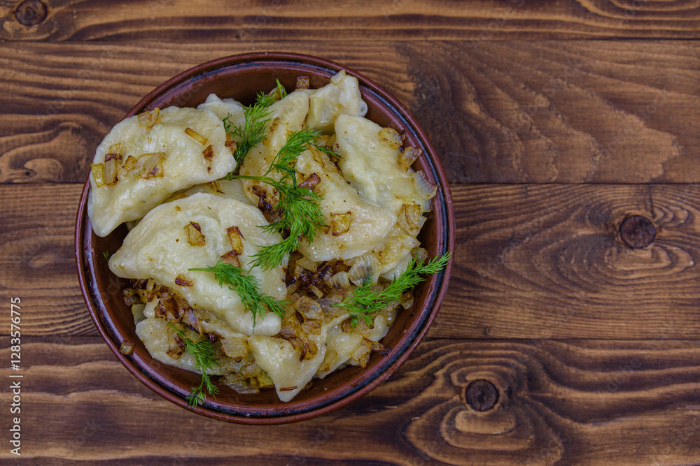 Varenyky with mashed potato. Dish of the Ukrainian cuisine Varenyky with mashed potato. Dish of the Ukrainian cuisine