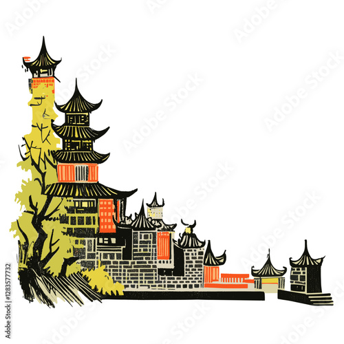 Chinese tint rectrangle traditional illustration architecture vector