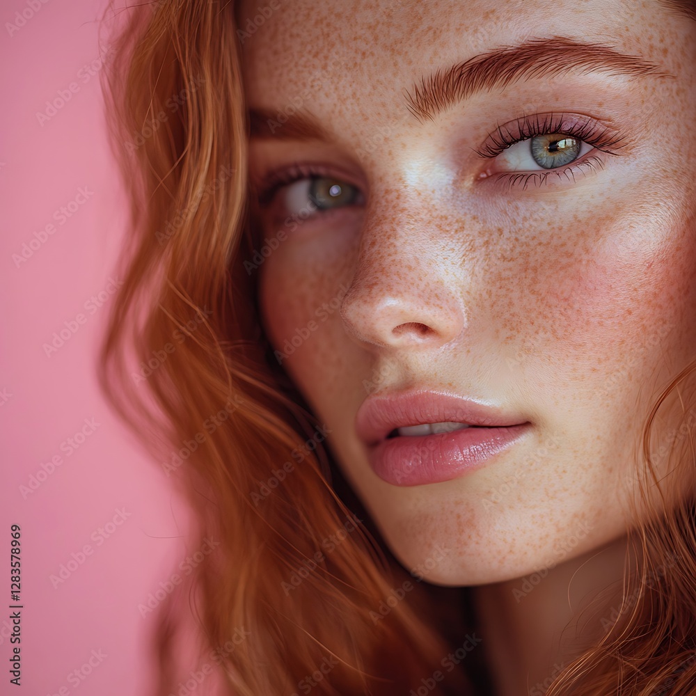 Close-Up Portrait of Woman with Freckles on Pink Background Close-Up Portrait of Woman with Freckles on Pink Background