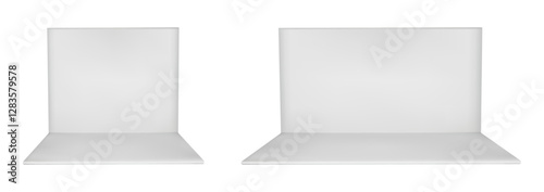 3d booth stand with white wall. Empty cube box interior for trade or fair show. Exhibit template with product display space. Small kiosk with panel inside. Store section view isolated vector area