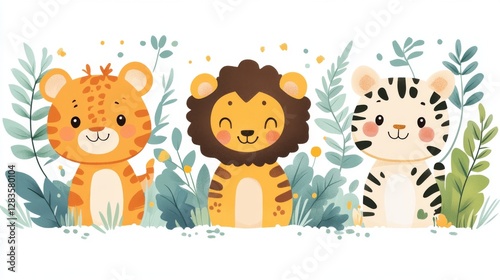 Cute Animal Vector Illustration of Playful Cartoon Tigers and Lion