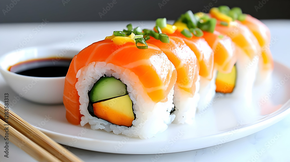 Colorful Salmon Sushi Rolls on a White Plate Colorful Salmon Sushi Rolls on a White Plate