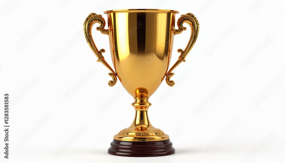 Shiny golden trophy with intricate ornate handles stands for victory, success, win. Decorative cup on pedestal isolated on white background transparent png die-cut. Reward, award, championship. Shiny golden trophy with intricate ornate handles stands for victory, success, win. Decorative cup on pedestal isolated on white background transparent png die-cut. Reward, award, championship.