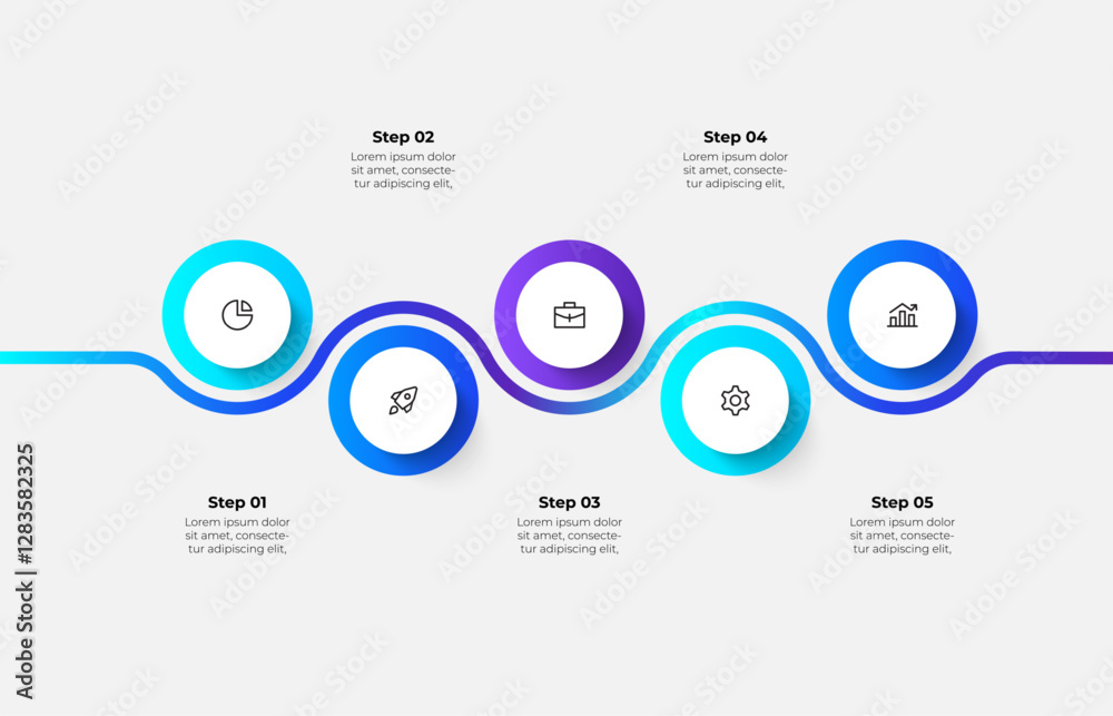 Infographic five step process for business and process visualization, creating engaging presentations, or illustrating project workflows