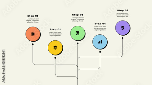 Modern Infographic Showing Five Steps With Colored Icons and Descriptive Text. Neobrutalism design template