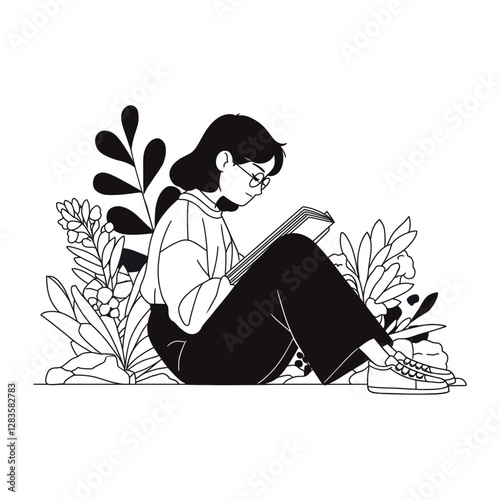 Woman sitting and reading a book illustration background glasses vector