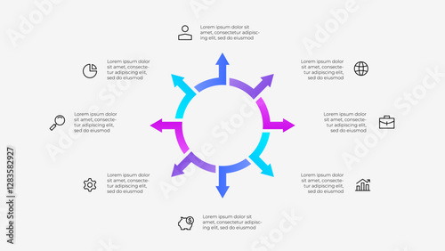 Illustration of a circular infographic with 8 arrows. Modern design with minimalist style highlighting key business ideas