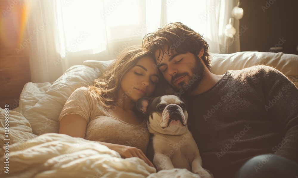 Couple and dog sleeping peacefully in bed, sunlit room Couple and dog sleeping peacefully in bed, sunlit room