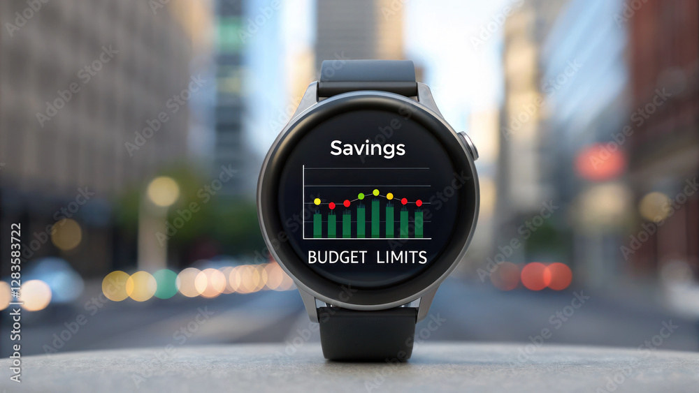 Fototapeta premium smartwatch displaying savings progress and budget limits in urban setting