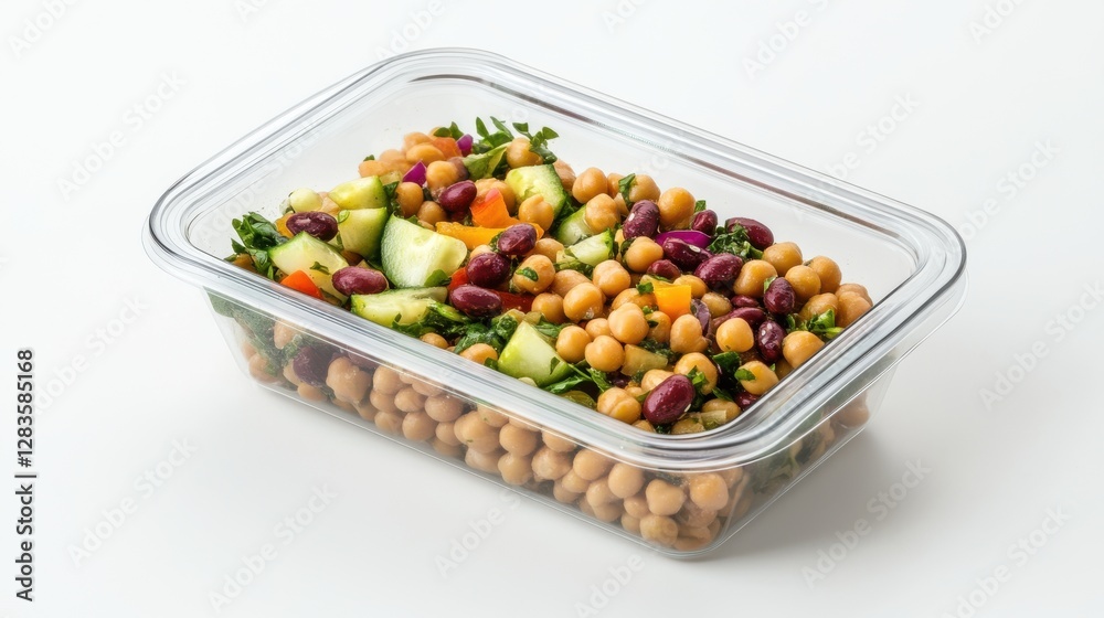 A high-protein bean salad in a minimalist glass lunchbox, featuring lentils, chickpeas, and vegetables for a balanced, healthy meal. A high-protein bean salad in a minimalist glass lunchbox, featuring lentils, chickpeas, and vegetables for a balanced, healthy meal.