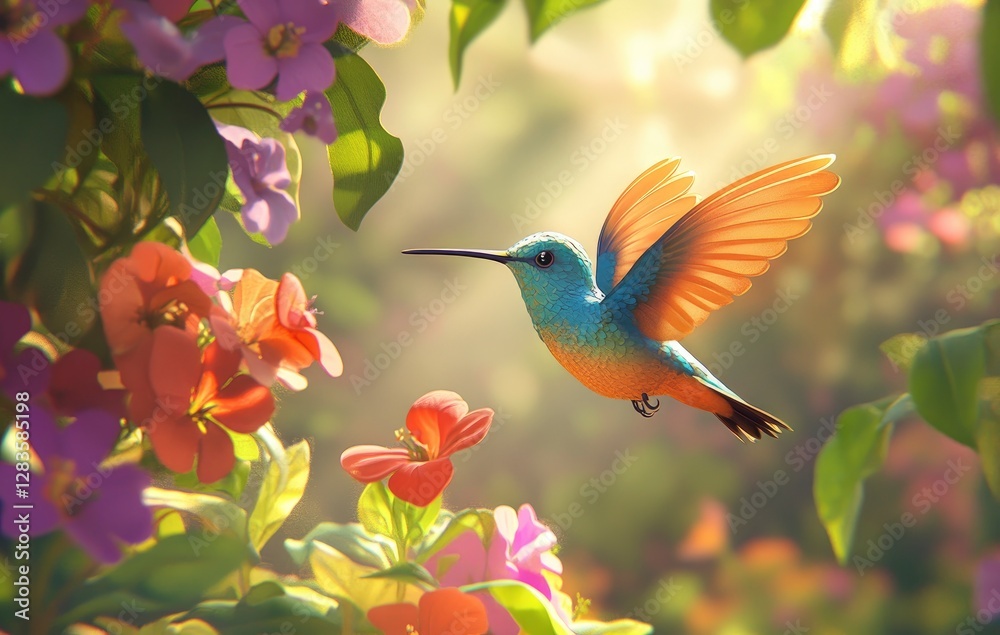 A colorful hummingbird sipping nectar from vibrant flowers in the garden, showcasing its fast, graceful flight and delicate wings 