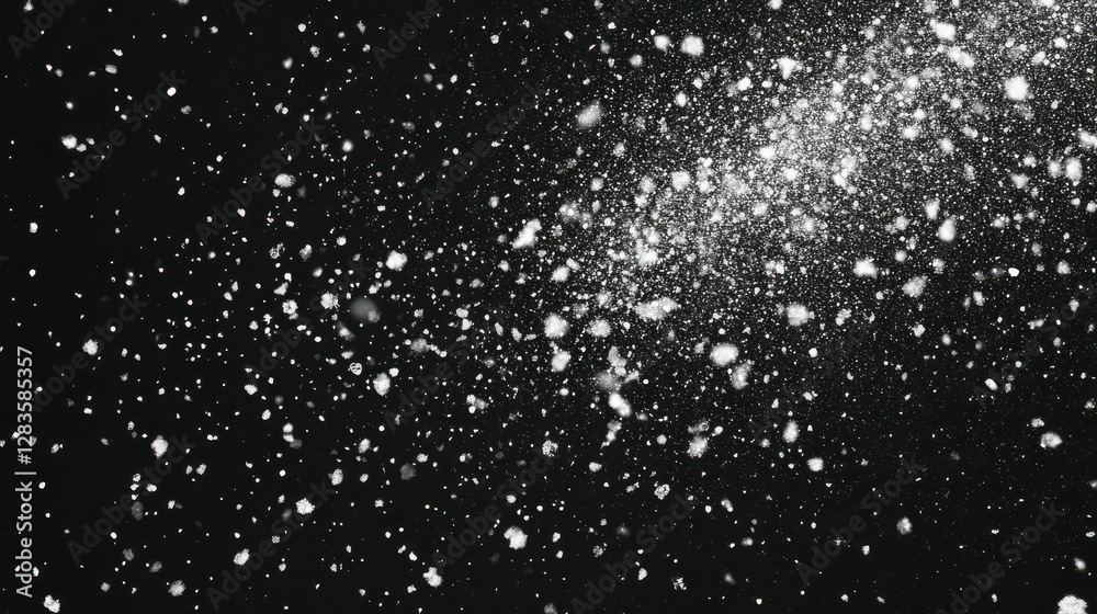 Exploding white powder particles on black background in dynamic motion Exploding white powder particles on black background in dynamic motion