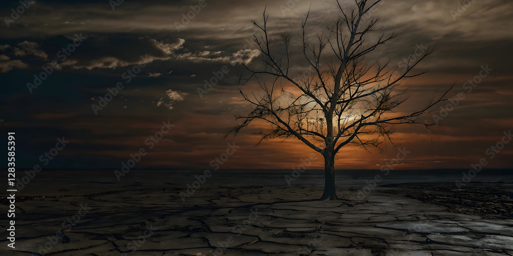 Fototapeta premium Impact of pollution on arid landscapes drought-stricken area environmental photo dramatic sunset conceptual vision