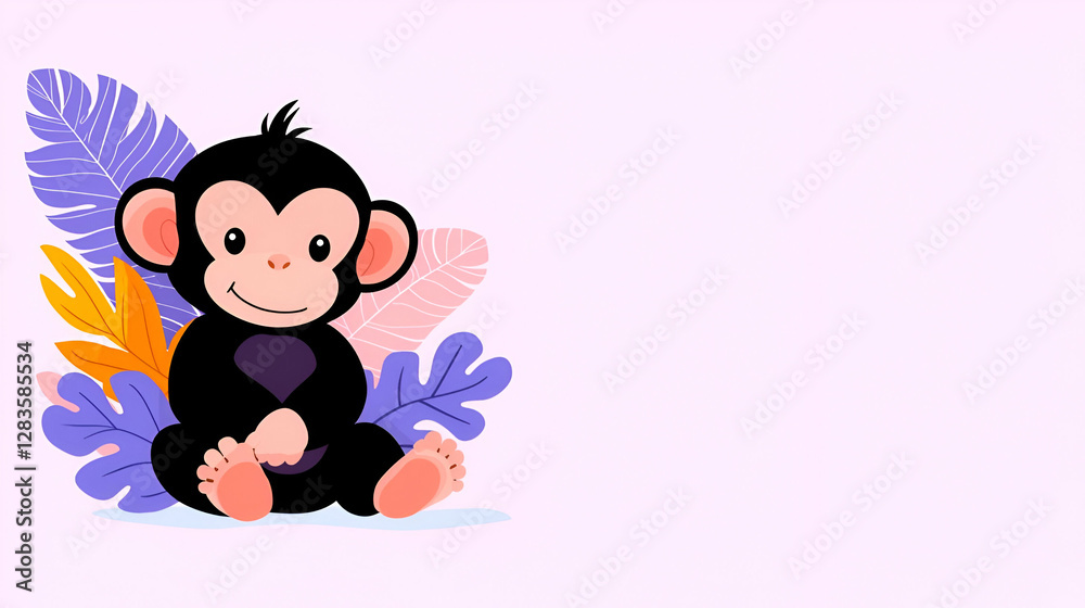 Cute Baby Monkey Illustration with Tropical Leaves Cute Baby Monkey Illustration with Tropical Leaves