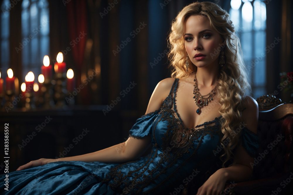 Fototapeta premium Blonde Noblewoman in a Candlelit Castle: A Regal Medieval Portrait.
