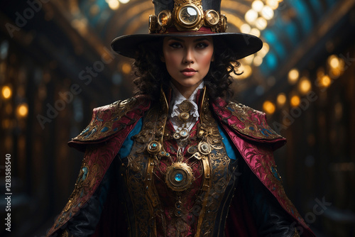 Steampunk Aristocrat in an Opulent Hall: A Regal Fusion of Victorian Fantasy.