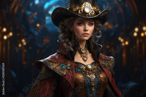 Steampunk Aristocrat in an Opulent Hall: A Regal Fusion of Victorian Fantasy.