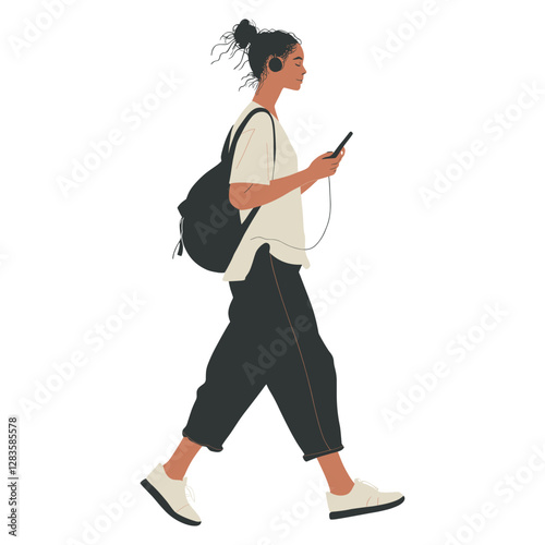 A woman using phone listen music walking illustration electronics vector