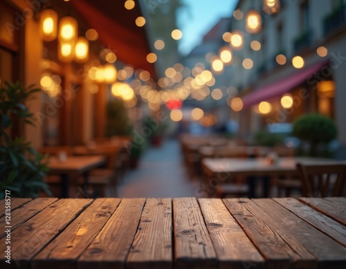 Empty wooden table top on blurred night cafe background. Evening scene with soft focus interior restaurant. Mockup surface for product display. Blurry city lights, vintage architecture, urban design.