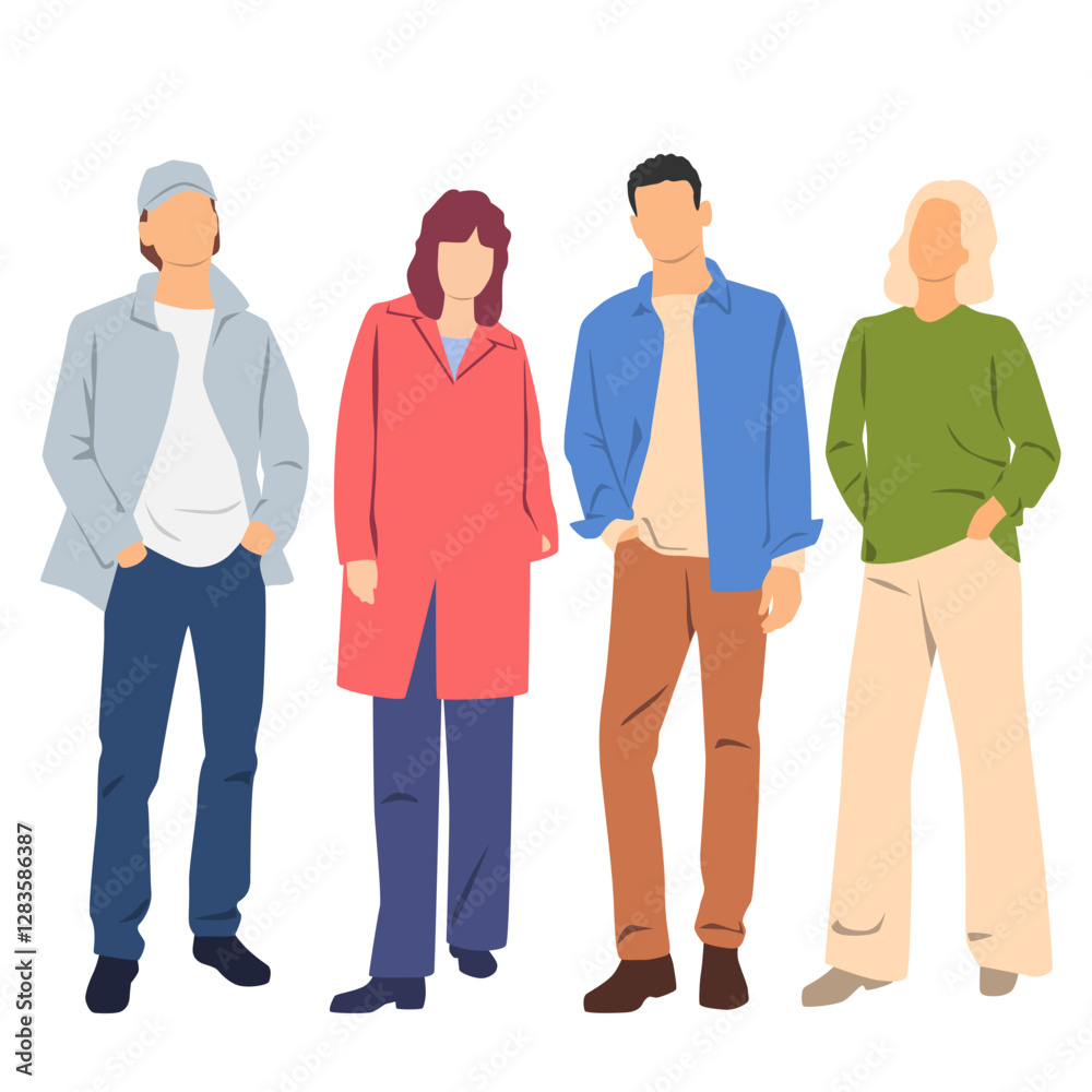 Set of young men and women , different colors, cartoon character, group of silhouettes of standing business people, students, design concept of flat icon, isolated on white background Set of young men and women , different colors, cartoon character, group of silhouettes of standing business people, students, design concept of flat icon, isolated on white background