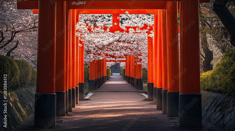 Cherry blossoms frame a vibrant red torii gate pathway, showcasing their beauty during spring bloom. Cherry blossoms frame a vibrant red torii gate pathway, showcasing their beauty during spring bloom.