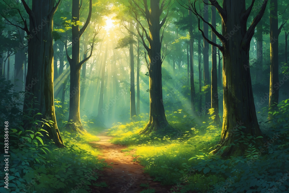Obraz premium Enchanted forest with Mystic Gray mist, Sunbeam Yellow rays, lush greenery, serene scene in anime style