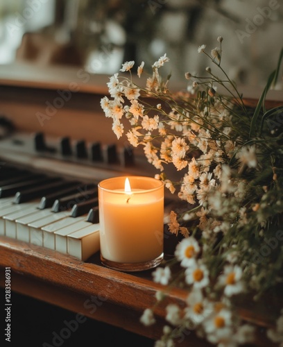 Lit Candle Near Piano and White Flowers with Natural Warm Light and Soft Focus