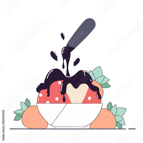 Stylized ice cream scoops with chocolate and fruit syrup drizzles, surrounded by leaves. Modern, minimal, and creative dessert illustration.