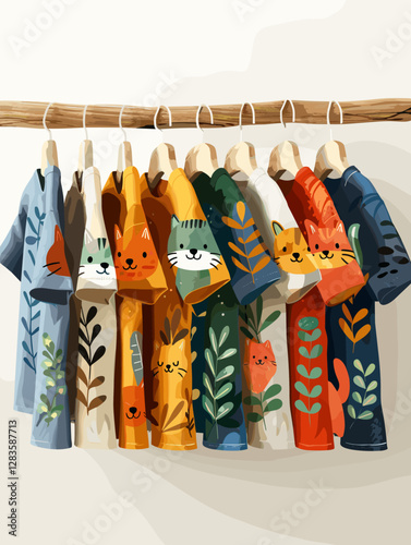 Illustration of a set of clothes hanging on a clothes rack.