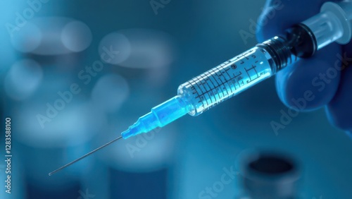 A close-up of a syringe with a vaccine inside, medical environment, medicines and the fight against diseases, epidemics and pandemics	
